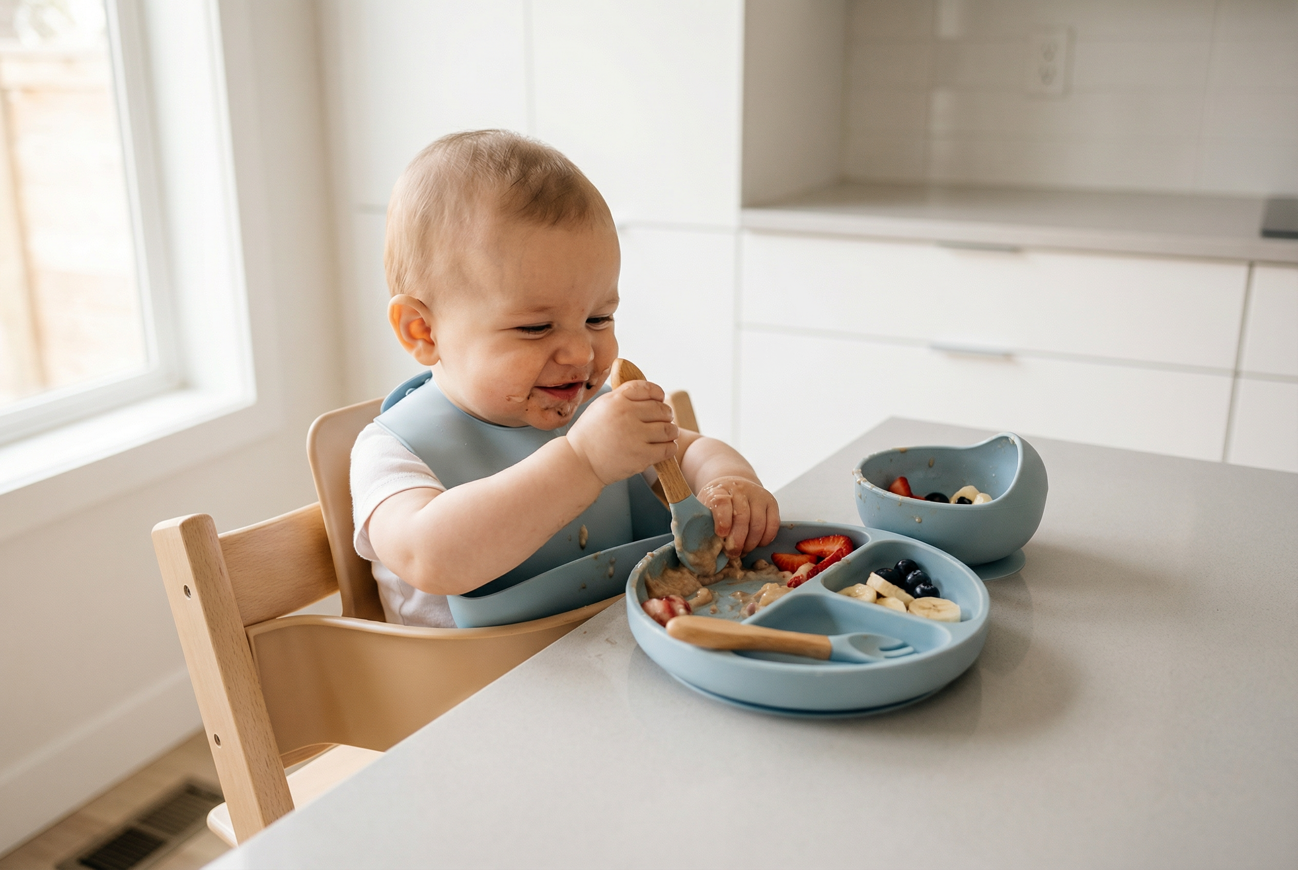 Assiette compartimentée, bol avec couvercle et bavoir Set repas bébé en silicone