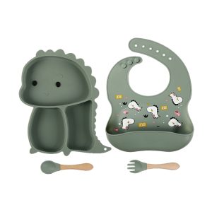 Assiette compartimentée, bavoir étanche et couverts doux. Sans BPA, Set repas bébé silicone dinosaure :