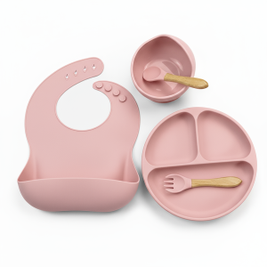 Assiette compartimentée, bol avec couvercle et bavoir Set repas bébé en silicone
